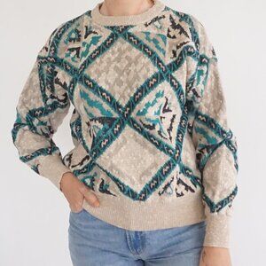 Vintage Sansabelt Designer Taupe Teal 3D Knit Eclectic Grandpa Crew Sweater M
